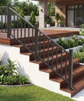 Modular Black Stainless Steel Stair Railing Kit 36 Inches High By 2 Feet Long With Snap Fit Design installed on deck stairs.