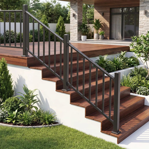 Modular Black Stainless Steel Stair Railing Kit 36 Inches High By 2 Feet Long With Snap Fit Design installed on deck stairs.