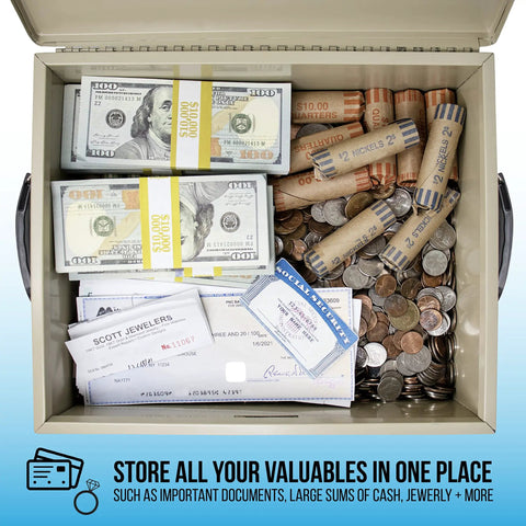 Fireproof Steel Security Chest With Lock And Keys Heavy Duty Safe Box For Your Docs And Valuables Tested To 750 F Exterior 14.5 By 11 By 4 Inches Interior Fits 9 By 12 Docs And Passport