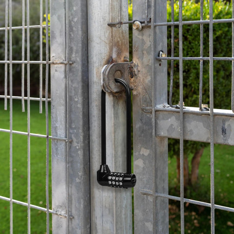 Long Shackle Padlock With Resettable Combination For Outdoor Gates And Fences secured on metal gate, weatherproof use
