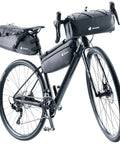 Mondego 6L Bike Frame Bag For Commuting And Road And Gravel Riding Ultra Lightweight And Durable Frame Pack With Reflective Details Gear Loops Large Zip Access To Main Compartment And Small Side Pocket Made From Recycled Materials Black attached to bike frame