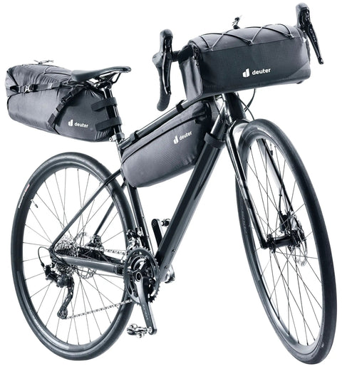 Mondego 6L Bike Frame Bag For Commuting And Road And Gravel Riding Ultra Lightweight And Durable Frame Pack With Reflective Details Gear Loops Large Zip Access To Main Compartment And Small Side Pocket Made From Recycled Materials Black attached to bike frame