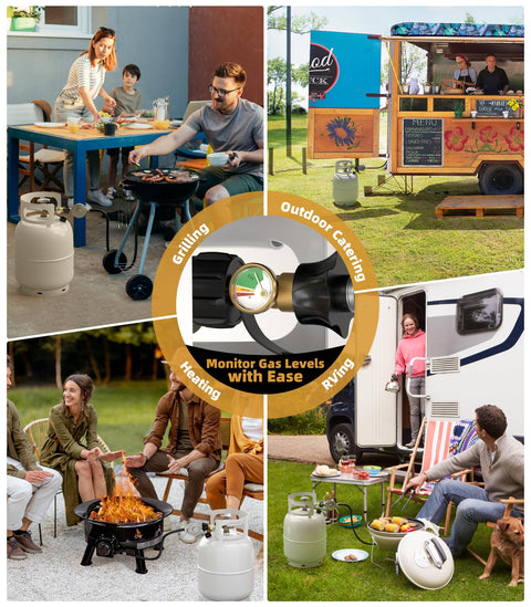Universal Propane Tank Gauge For 5 To 40 Lb LP Tanks With QCC1 Type 1 Connection shown in BBQ, RV, and camping settings.