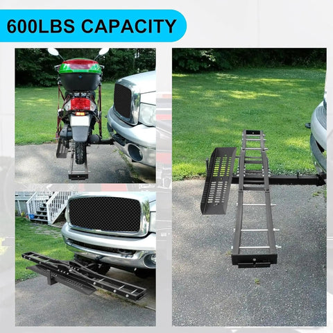 Beefy 600 Lbs Steel Motorcycle Carrier Hauler With Anti Tilt Lock Hitch Mount Rack And Ramp For Dirt Bikes And Scooters attached to a vehicle