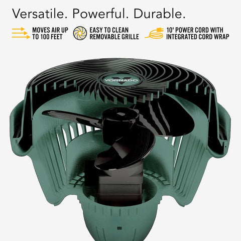 Close-up of green Beast 16 Inch Shop Fan With 3 Speeds, High Impact Casing, IP54 Motor, and Pivoting Head