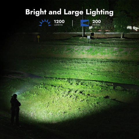 Night scene highlighting the Beefy 1200 Lumens Rechargeable Tactical Flashlight IP68 200 Meter Beam on grassy field.