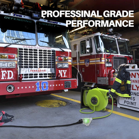 Fire truck garage with Auto Retracting 45 Foot Extension Cord Reel With 14 Gauge 14 3 AWG SJTW Cable Tangle Free Heavy Duty
