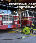 40 Foot Retractable Extension Cord Reel with 12 AWG SJTW cable next to fire trucks in a garage setting.