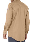 Back view of a Hardhat Ready Flame Resistant Work Shirt Built For The Grind, tan color, showcasing unique stitching and snap cuffs.