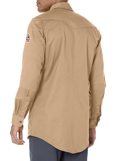 Back view of a Hardhat Ready Flame Resistant Work Shirt Built For The Grind, tan color, showcasing unique stitching and snap cuffs.