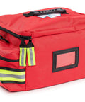Emergency medical bag for first responders, red with neon-yellow reflective stripes and ID window.