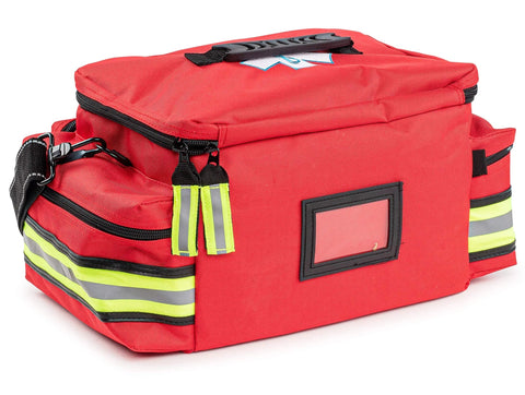 Emergency medical bag for first responders, red with neon-yellow reflective stripes and ID window.
