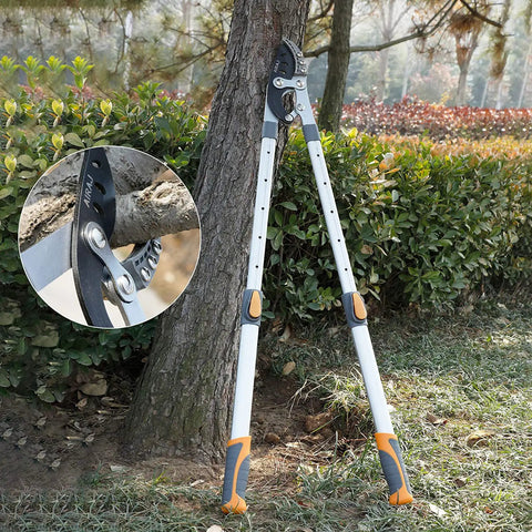 Telescoping Loppers With 6 Speed Adjustable Aluminum Handle From 27 To 41 Inches For High Reach Yard Work And Heavy Duty Tree Trimming Up To 2 Inch Branches Includes Spare SK5 Steel Blade leaning against a tree