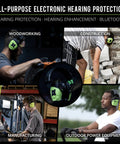 Men wearing Bluetooth Hearing Protection Earmuffs With Aware Technology Passthrough Audio Omnidirectional Mics All Day Battery Headband Style Safety Green For Lawn Mowing And Loud Job Sites in various work settings.