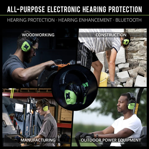 Men wearing Bluetooth Hearing Protection Earmuffs With Aware Technology Passthrough Audio Omnidirectional Mics All Day Battery Headband Style Safety Green For Lawn Mowing And Loud Job Sites in various work settings.