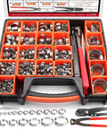 560 Piece Stepless Single Ear Hose Clamp Kit With Pliers, 22 Sizes From 5.3 To 36.1mm, 304 Stainless Steel Leak Proof Clamps in case