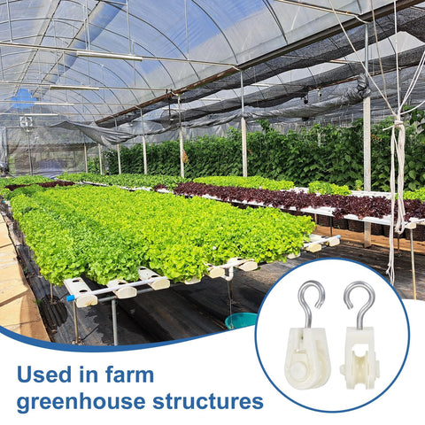 Inside farm greenhouse with a focus on mini nylon pulley wheel 12 pack for rope lifting, shown in graphic overlay.