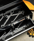 Eight Piece 12 Point Reversible Ratcheting Wrench Set Metric in toolbox, visible 72 teeth, 5 degree swing design