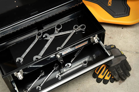 Eight Piece 12 Point Reversible Ratcheting Wrench Set Metric in toolbox, visible 72 teeth, 5 degree swing design
