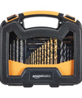 Front view of Amazon Basics 100-piece drill and driver bit set with alloy-steel bits in a black case with orange trim