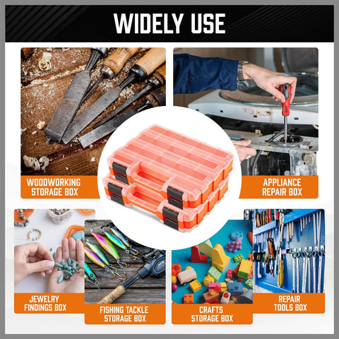 Double Sided 34 Compartment Parts Organizer With Removable Dividers 2 Pack Heavy Duty Storage Case for versatile use in crafts, repairs, and fishing.