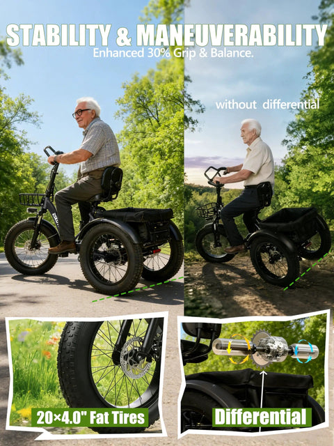 Long Range Electric Trike For Adults With 998.4Wh Battery And 1200W Peak Motor Fat 20x4.0 Tires Foldable 3 Wheel Butterfly Handlebar Built In Storage Bags Comfortable Upright Ride Black, 20x4.0 fat tires