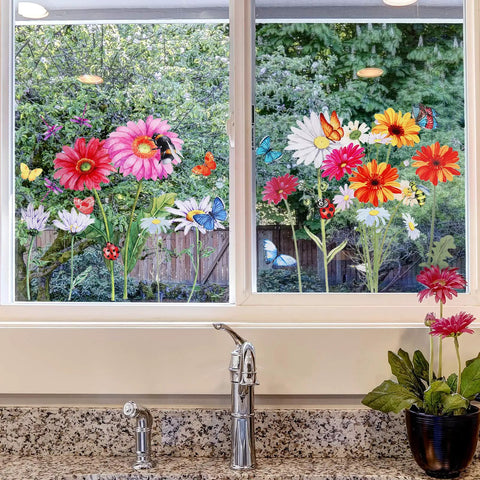 64 Pcs Flowers And Butterflies Wall Decals Peel And Stick Removable PVC Garden Murals decorating a window in kitchen decor.