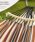 Close-up of 600 Lb Hammock With Stand For Outdoor Or Indoor Use 2 To 3 Person showing wooden bar and striped fabric.