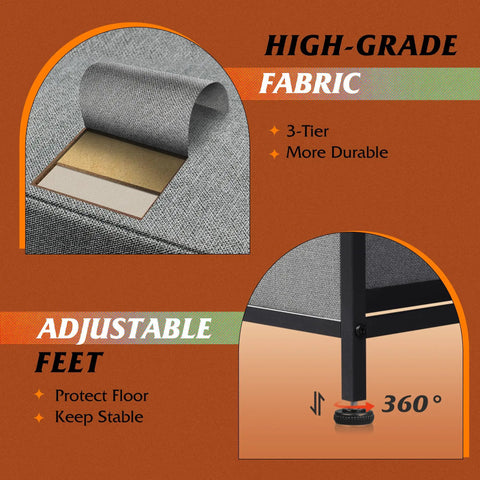 Close-up of high-grade fabric and adjustable feet of Five Drawer Fabric Dresser For Bedroom And Closet Storage, Dark Grey