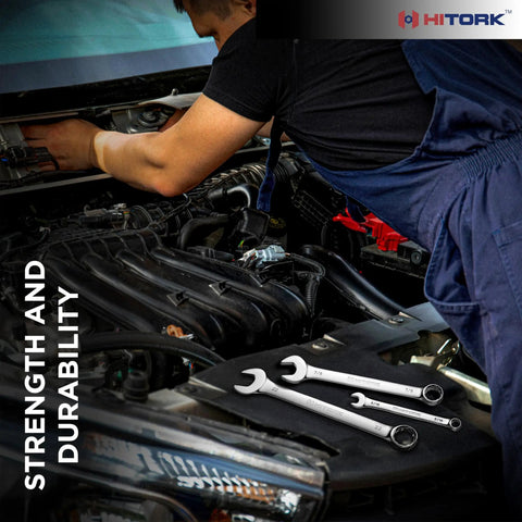 Shop Tested Beefy 11 Piece SAE Combination Wrench Set With Heavy Duty Roll Pouch, used for auto repairs on an engine.