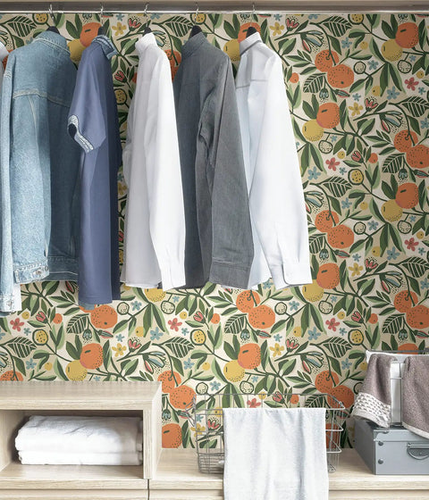 Closet with clothes against Pip And Lo Ochre Clementine Garden Peel And Stick Wallpaper Bohemian Self Adhesive Safe For Walls