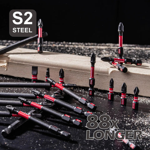 Impact Tough Magnetic 45 Piece Bit Set With S2 Alloy Steel Insert Bits on wooden surface, assorted sizes visible