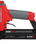 1-5/8-Inch Pneumatic 18 Gauge Brad Nailer With Case For Trim Work And Fine Finish Oil Free Design Lightweight And Ideal For Molding And Small Wood Projects Great For Trim And Decorative Molding And Light Duty Hobbyist And Pro Shop Use SLP20XP, close-up side view