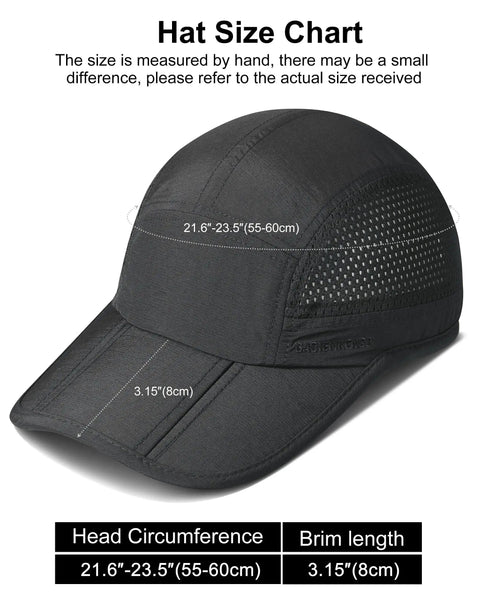 Reflective Folding Outdoor Hat For Men And Women With UPF 50 Sun Protection showing size chart and brim details.