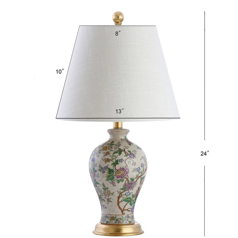 24 Inch Tall Multicolor Gold French Country Ceramic Floral Urn Table Lamp With White Linen Shade Chinoiserie Ginger Jar Bedside Lamp For Living Room And Bedroom LED Bulb Included