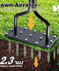 Manual Lawn Aerator With 15 Iron Spikes Hand Garden Aeration Tool for Lawns and Yards, close-up on black spikes in soil
