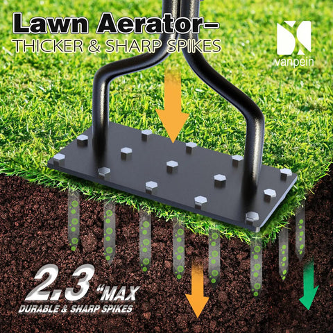 Manual Lawn Aerator With 15 Iron Spikes Hand Garden Aeration Tool for Lawns and Yards, close-up on black spikes in soil