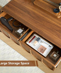 Wave Vanity Desk With Lighted Round Mirror And Modern Walnut Finish showing open drawers and storage compartments for cosmetics