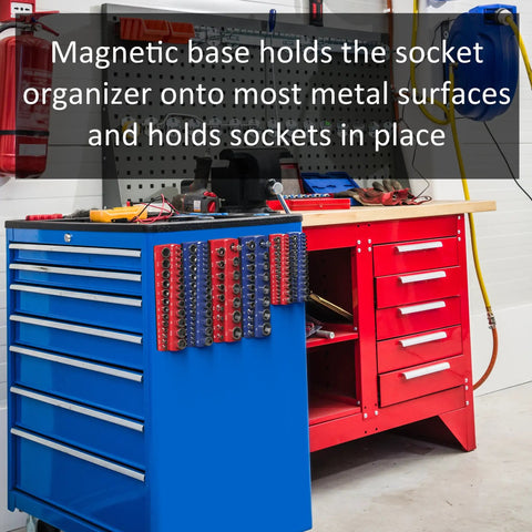 Magnetic Socket Organizer For 3 8 Inch Drive Metric Sockets Holds Up To 30 Sockets With Heavy-Duty Magnets in garage setup.