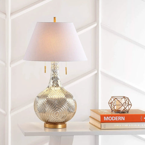 Mercury Silver And Gold Two Light Gourd Glass LED Table Lamp With White Linen Shade For Living Room Contemporary Glass Accent Lighting Includes LED Bulbs ETL UL Listed, shown on a table with decor