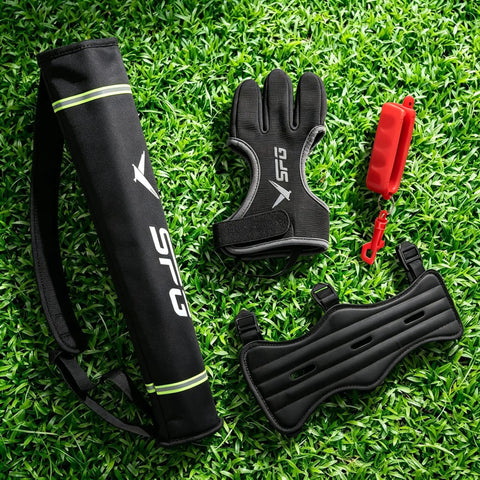 All In One Archery Starter Kit For Beginners And Pros featuring leather arm guard, 3 finger gloves, back quiver, and arrow puller