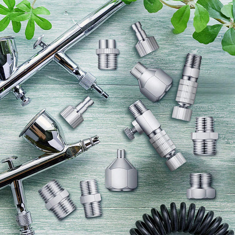 14 Piece Airbrush Adapter Set With Quick Disconnect Fittings And Quick Release Hose Connectors For Air Compressors, adapters shown