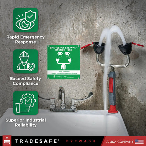 Go To Heavy Duty Eye Wash Station With Dual Head Drench Hose For Emergency Use, wall mounted, in operation next to sink