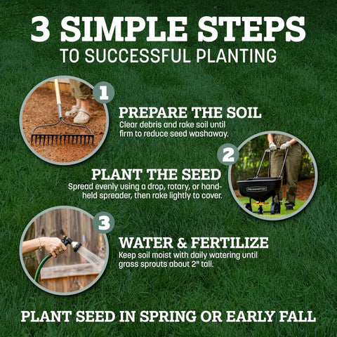 Infographic showing 3 simple steps to successful planting of Premium Kentucky 31 Tall Fescue Grass Seed in a garden.