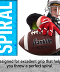 Junior Youth Football For Kids With Extra Grippy Synthetic Leather Ball, Pro Style Laces, held by a child wearing red gloves