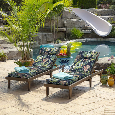 Simone Blue Tropical Outdoor Chaise Cushion 21 In W X 72 In L Weatherproof Rainproof Fade Resistant Patio Pad With 4 Ties