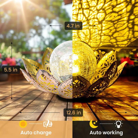 Gold Petal Lotus Flower Solar Light With Crackle Glass Globe Lit Amber Glow Outdoor Yard Lantern showing dimensions and auto features