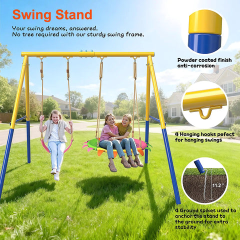 Beefy Heavy Duty Steel Swing Stand For Outdoor Use With 500Lb Capacity, Universal Swing Frame, Adult Rated, Yellow, installed outdoors.