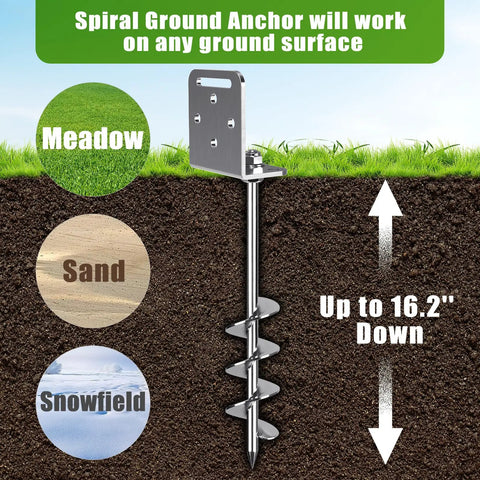Cross-section of ground showing 4 Pack 18 Inch Trampoline Ground Anchors with spiral blade in soil, meadow, sand, snowfield.