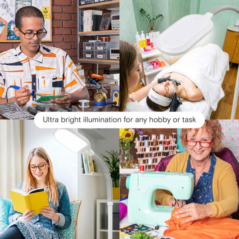 Litespan LED Floor Reading Lamp For Over Chair Tasks And Lash Extensions, in use by various people in office and home settings.